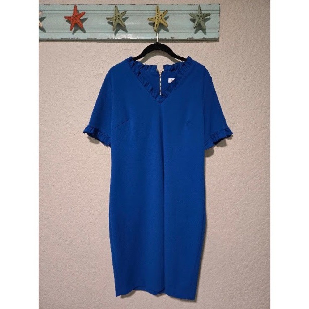 Calvin Klein Womens Blue Ruffle V-Neck Sheath Dress Size 14 Gold Zip CD8C16EX